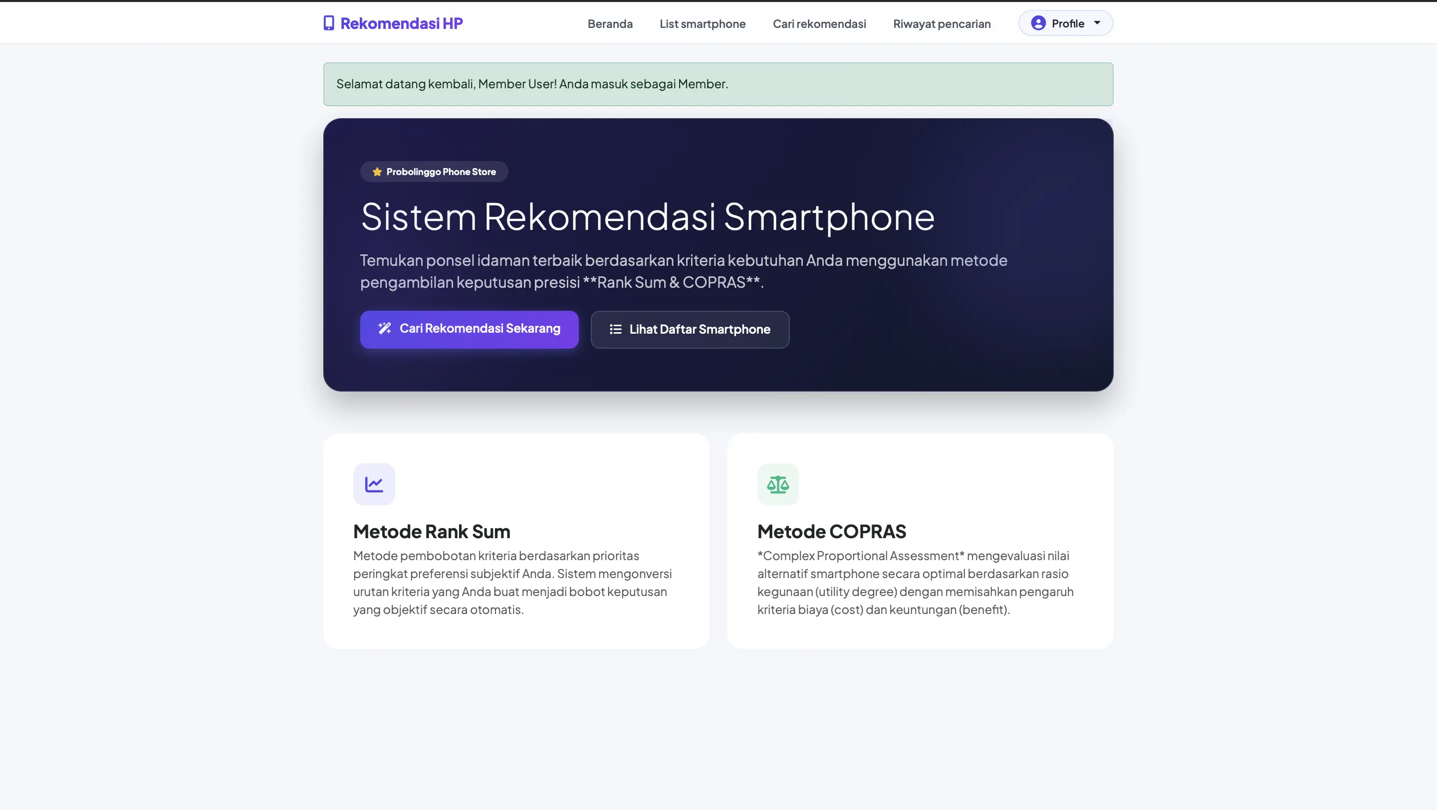 Tampilan Projek Sistem Rekomendasi Smartphone